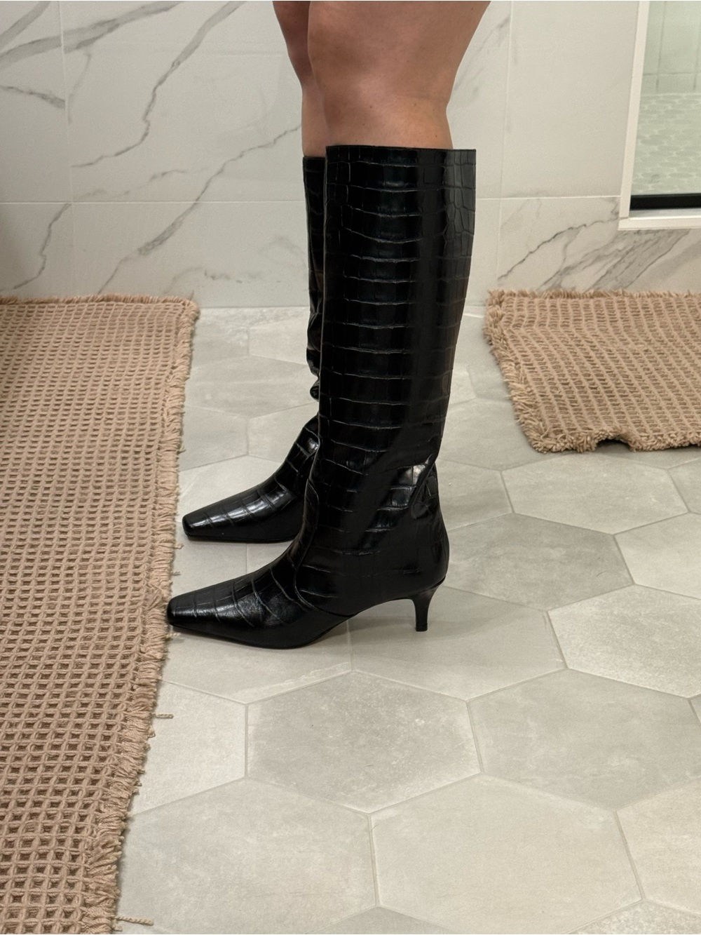 Steve Madden Lander Black Croc-Embossed Knee High Leather Boots